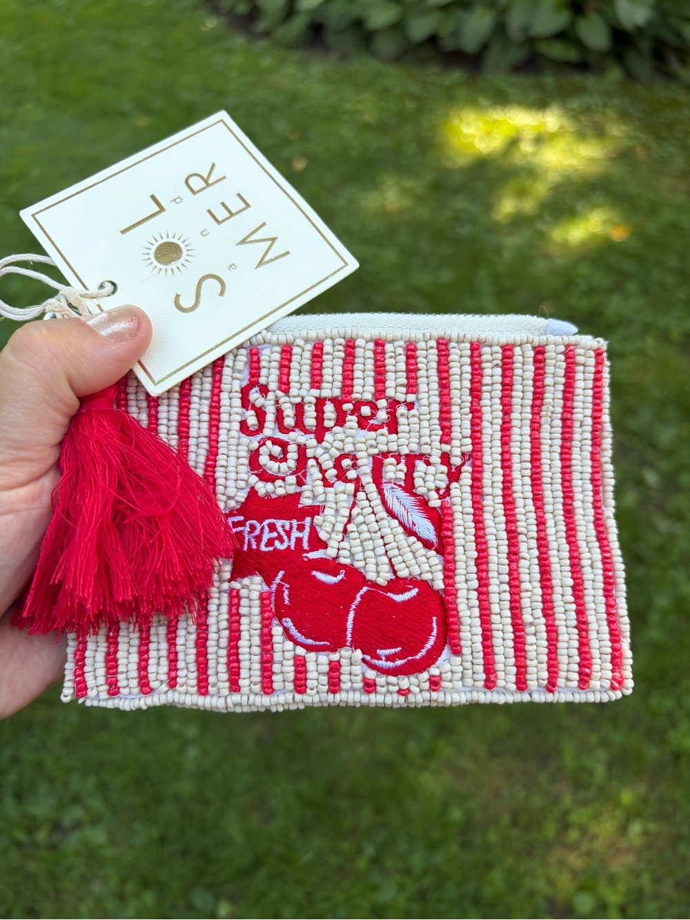 NWT Sol and Mer Red Beaded Cherry Zip Pouch With Tassel
